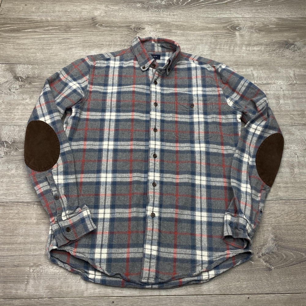 J.Crew Shirt Mens Large Blue Plaid Flannel Long Sleeve Suede Elbow Patches
